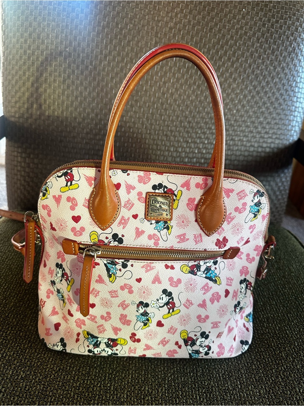 Dooney & Bourke Pink Mickey & Minnie Printed Satchel with Tan Trim